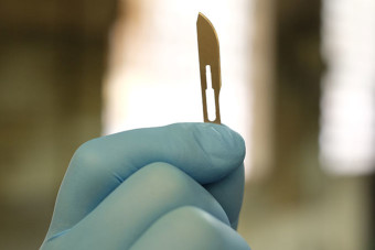 Closeup of a food blade, hand wearing blue gloves
