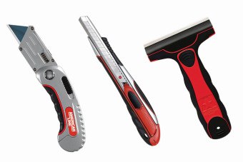Tools pictured: Folding utility knife, Ergo wall scrapper, Retractable 13pt break-away knife